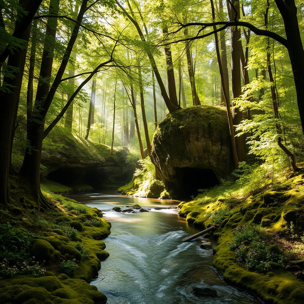 A serene forest scene featuring a winding river surrounded by tall, lush trees and mystical caves