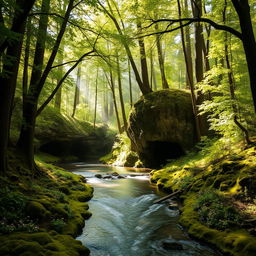 A serene forest scene featuring a winding river surrounded by tall, lush trees and mystical caves