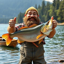 A cheerful dwarf fisherman proudly holding a giant fish in his hands, showcasing his impressive catch