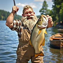 A cheerful dwarf fisherman proudly holding a giant fish in his hands, showcasing his impressive catch
