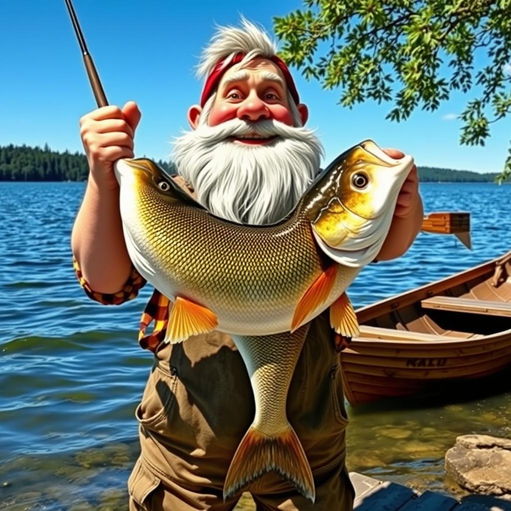 A cheerful dwarf fisherman proudly holding a giant fish in his hands, showcasing his impressive catch