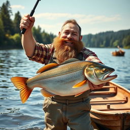 A cheerful dwarf fisherman proudly holding a giant fish in his hands, showcasing his impressive catch