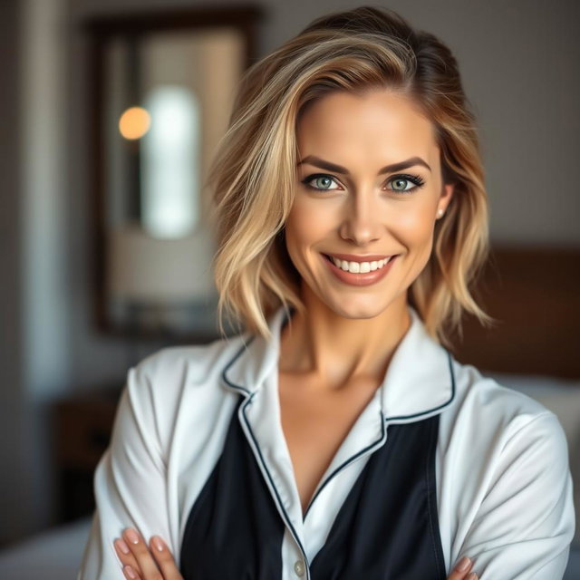 A beautiful 40-year-old woman dressed in stylish pajamas, with an alluring and provocative expression as she looks directly at the camera