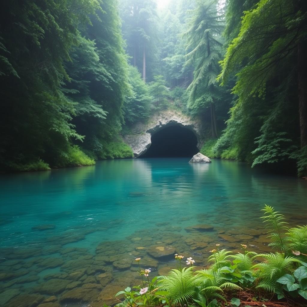 A serene scene depicting a river flowing through a dense forest, with tall trees on either side