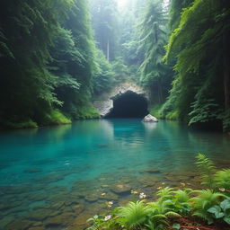A serene scene depicting a river flowing through a dense forest, with tall trees on either side