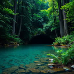 A serene scene depicting a river flowing through a dense forest, with tall trees on either side