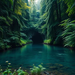 A serene scene depicting a river flowing through a dense forest, with tall trees on either side