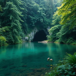A serene scene depicting a river flowing through a dense forest, with tall trees on either side
