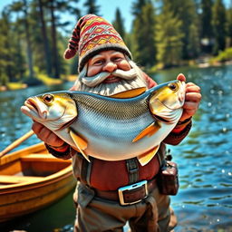 A proud dwarf fisherman holding a giant fish in his hands, showcasing his impressive catch