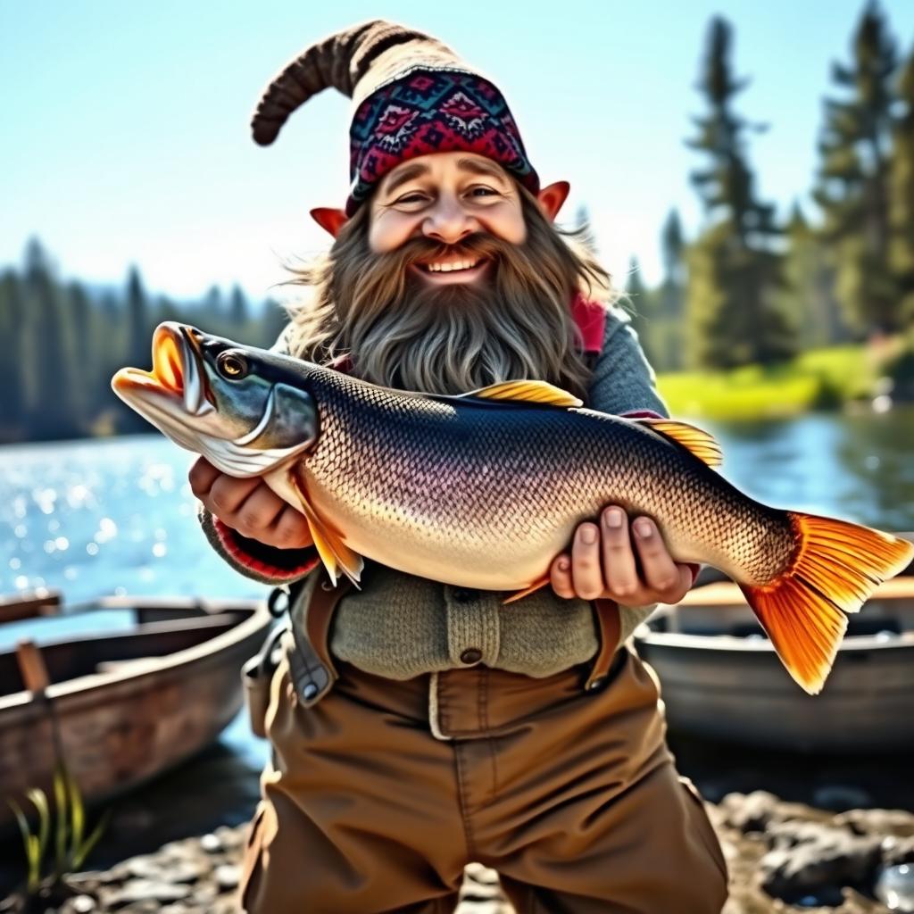A proud dwarf fisherman holding a giant fish in his hands, showcasing his impressive catch