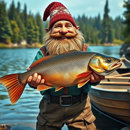 A proud dwarf fisherman holding a giant fish in his hands, showcasing his impressive catch
