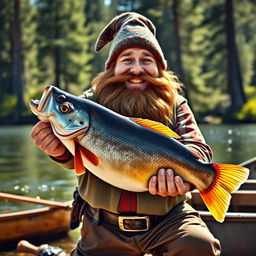A proud dwarf fisherman holding a giant fish in his hands, showcasing his impressive catch