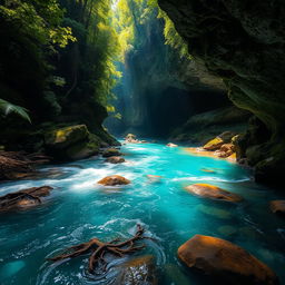 A stunning and breathtaking river flowing through a lush green forest, leading into an amazing cave
