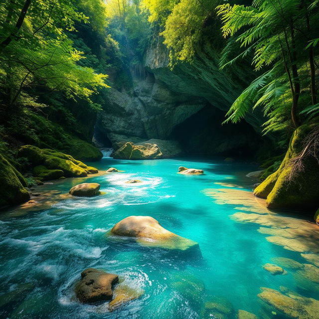 A stunning and breathtaking river flowing through a lush green forest, leading into an amazing cave