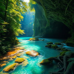 A stunning and breathtaking river flowing through a lush green forest, leading into an amazing cave