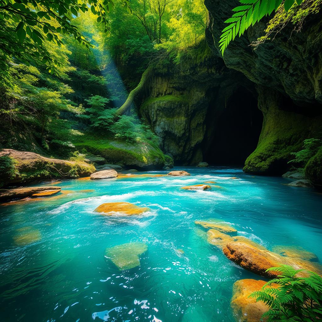 A stunning and breathtaking river flowing through a lush green forest, leading into an amazing cave