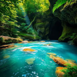 A stunning and breathtaking river flowing through a lush green forest, leading into an amazing cave
