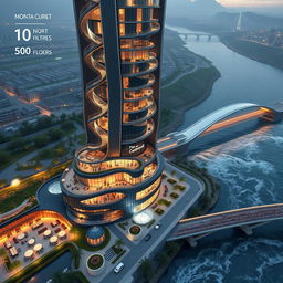 A futuristic, innovative design of a 20-story, 80-meter tall 'Chogharzanbil' tower located on the southern bank of a rushing river