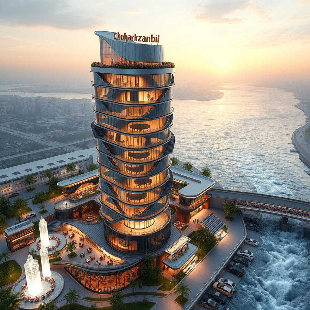 A futuristic, innovative design of a 20-story, 80-meter tall 'Chogharzanbil' tower located on the southern bank of a rushing river