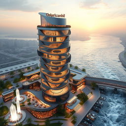 A futuristic, innovative design of a 20-story, 80-meter tall 'Chogharzanbil' tower located on the southern bank of a rushing river