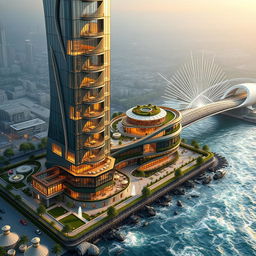 A futuristic, innovative design of a 20-story, 80-meter tall 'Chogharzanbil' tower located on the southern bank of a rushing river