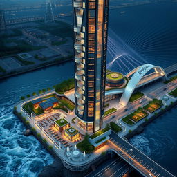A futuristic, innovative design of a 20-story, 80-meter tall 'Chogharzanbil' tower located on the southern bank of a rushing river