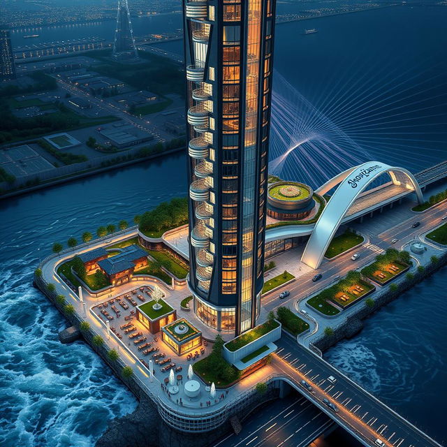 A futuristic, innovative design of a 20-story, 80-meter tall 'Chogharzanbil' tower located on the southern bank of a rushing river