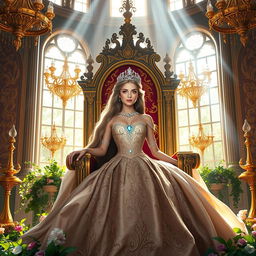 A majestic princess seated on a grand throne, adorned in an elegant gown decorated with intricate patterns and shimmering gems