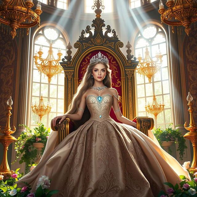 A majestic princess seated on a grand throne, adorned in an elegant gown decorated with intricate patterns and shimmering gems