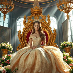 A majestic princess seated on a grand throne, adorned in an elegant gown decorated with intricate patterns and shimmering gems