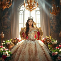 A majestic princess seated on a grand throne, adorned in an elegant gown decorated with intricate patterns and shimmering gems