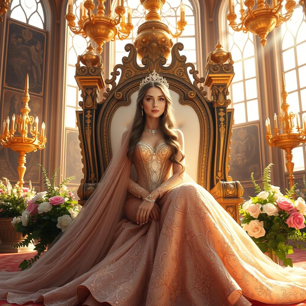 A majestic princess seated on a grand throne, adorned in an elegant gown decorated with intricate patterns and shimmering gems
