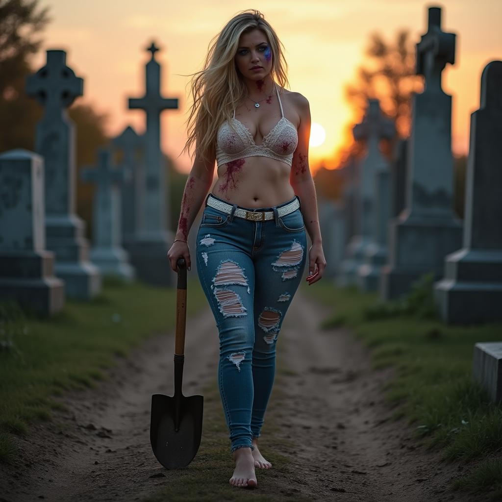 A beautiful, stunning, and innocent shapely woman with medium breasts, very wide bulging hips, thick round fat thighs, long shapely legs, and bare feet