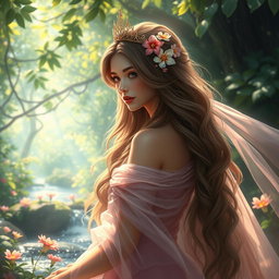 A majestic fantasy scene featuring a beautiful princess in a lush, enchanting forest