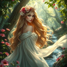 A majestic fantasy scene featuring a beautiful princess in a lush, enchanting forest