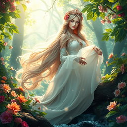 A majestic fantasy scene featuring a beautiful princess in a lush, enchanting forest