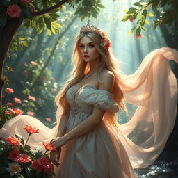 A majestic fantasy scene featuring a beautiful princess in a lush, enchanting forest