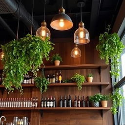 A beautifully designed bar corner for a restaurant featuring vintage wooden shelves with a modern twist in black color