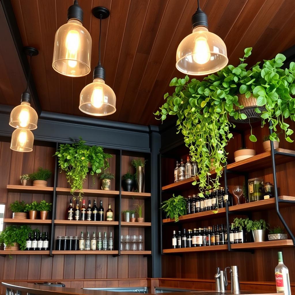 A beautifully designed bar corner for a restaurant featuring vintage wooden shelves with a modern twist in black color