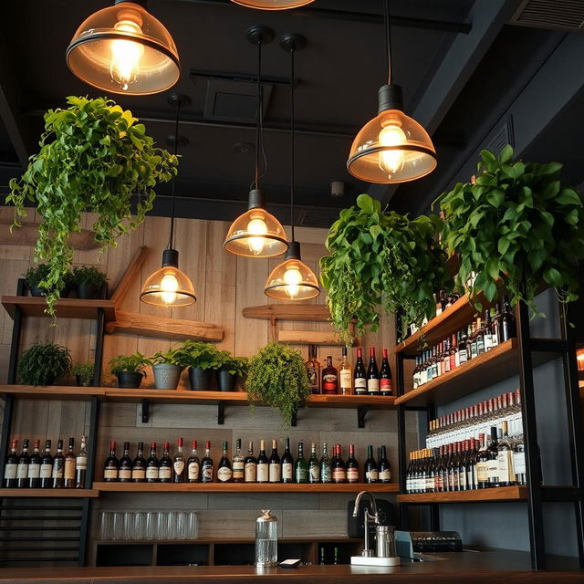 A beautifully designed bar corner for a restaurant featuring vintage wooden shelves with a modern twist in black color