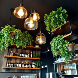 A beautifully designed bar corner for a restaurant featuring vintage wooden shelves with a modern twist in black color