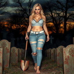 A beautiful, stunning, and innocent shapely woman with medium breasts, very wide, bulging hips, thick round thighs, and long, shapely thick legs, showcasing her bare feet