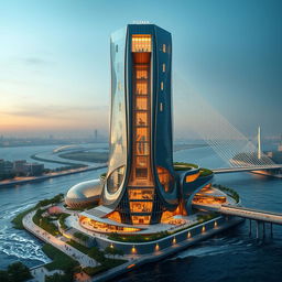A futuristic, structural-breakthrough tower inspired by the Apadana Palace and Achaemenid architecture, standing 80 meters tall with 20 floors, located on the southern bank of a rushing river