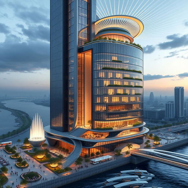 A futuristic, structural-breakthrough tower inspired by the Apadana Palace and Achaemenid architecture, standing 80 meters tall with 20 floors, located on the southern bank of a rushing river