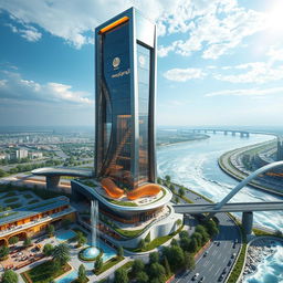 A futuristic, structural-breakthrough tower inspired by the Apadana Palace and Achaemenid architecture, standing 80 meters tall with 20 floors, located on the southern bank of a rushing river