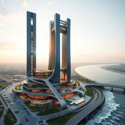 A futuristic, structural-breakthrough tower inspired by the Apadana Palace and Achaemenid architecture, standing 80 meters tall with 20 floors, located on the southern bank of a rushing river