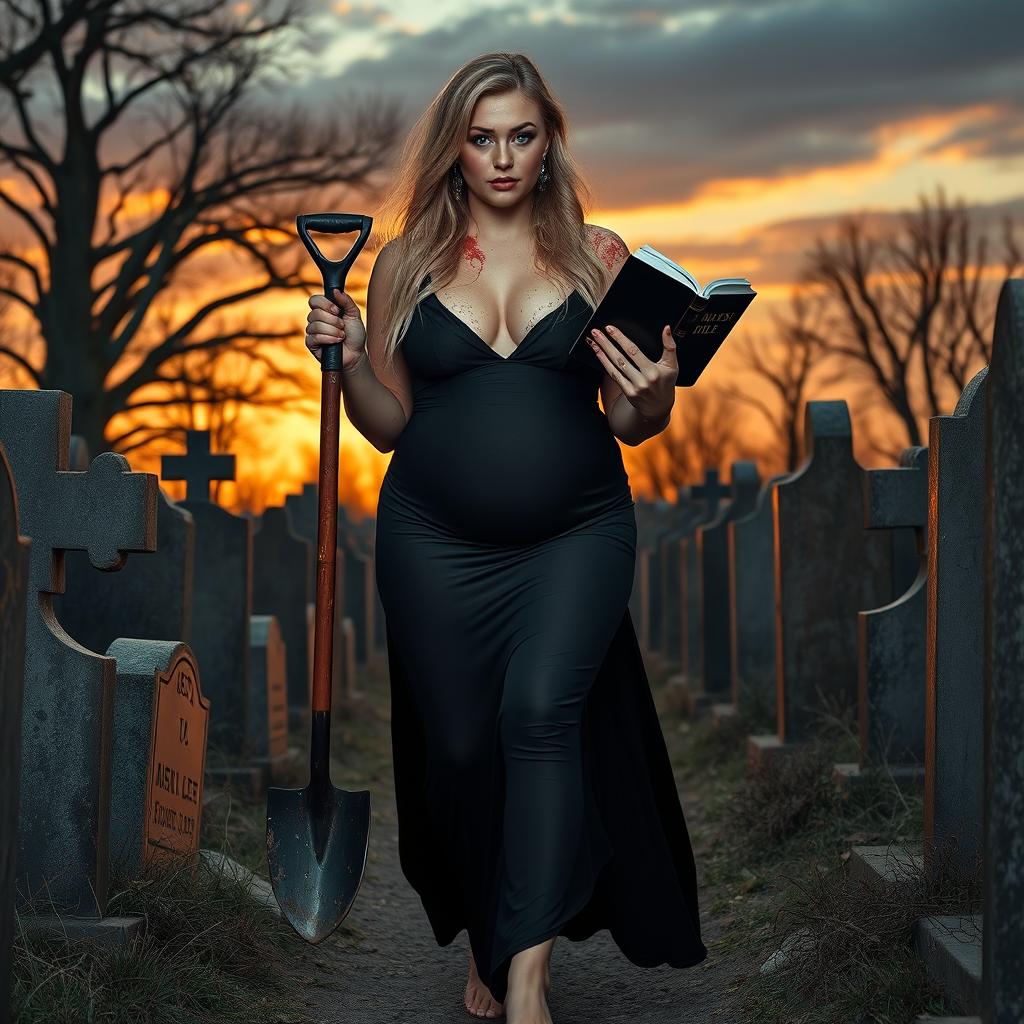 A beautiful, stunning, and innocent 18-year-old woman with medium breasts, very wide, bulging hips, thick round thighs, long, shapely thick legs, and bare feet