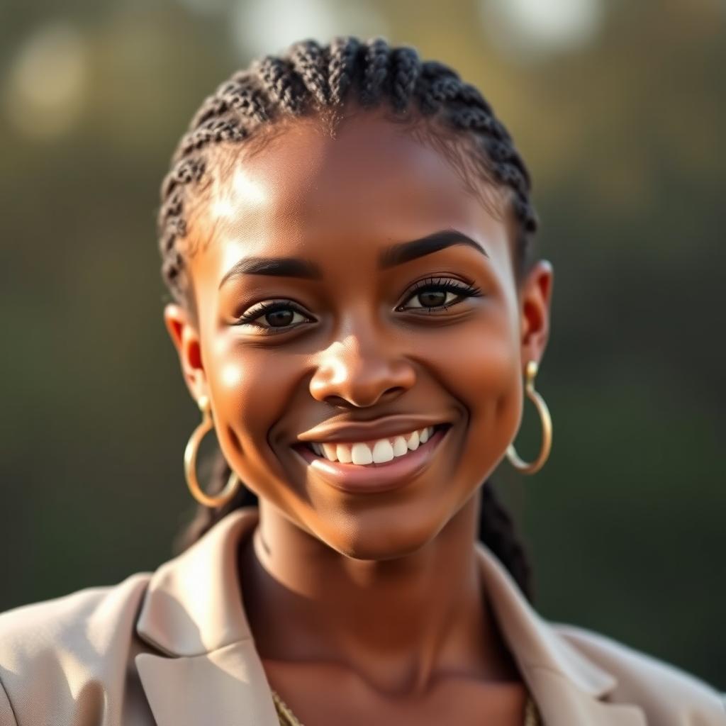 A portrait of a confident individual with a warm smile, showcasing their charismatic personality, while standing against a softly blurred natural background