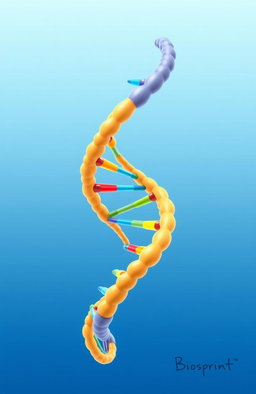 A detailed illustration of a Biosprint DNA helix structure, showcasing the intricate base pairs and sugar-phosphate backbone in vibrant colors