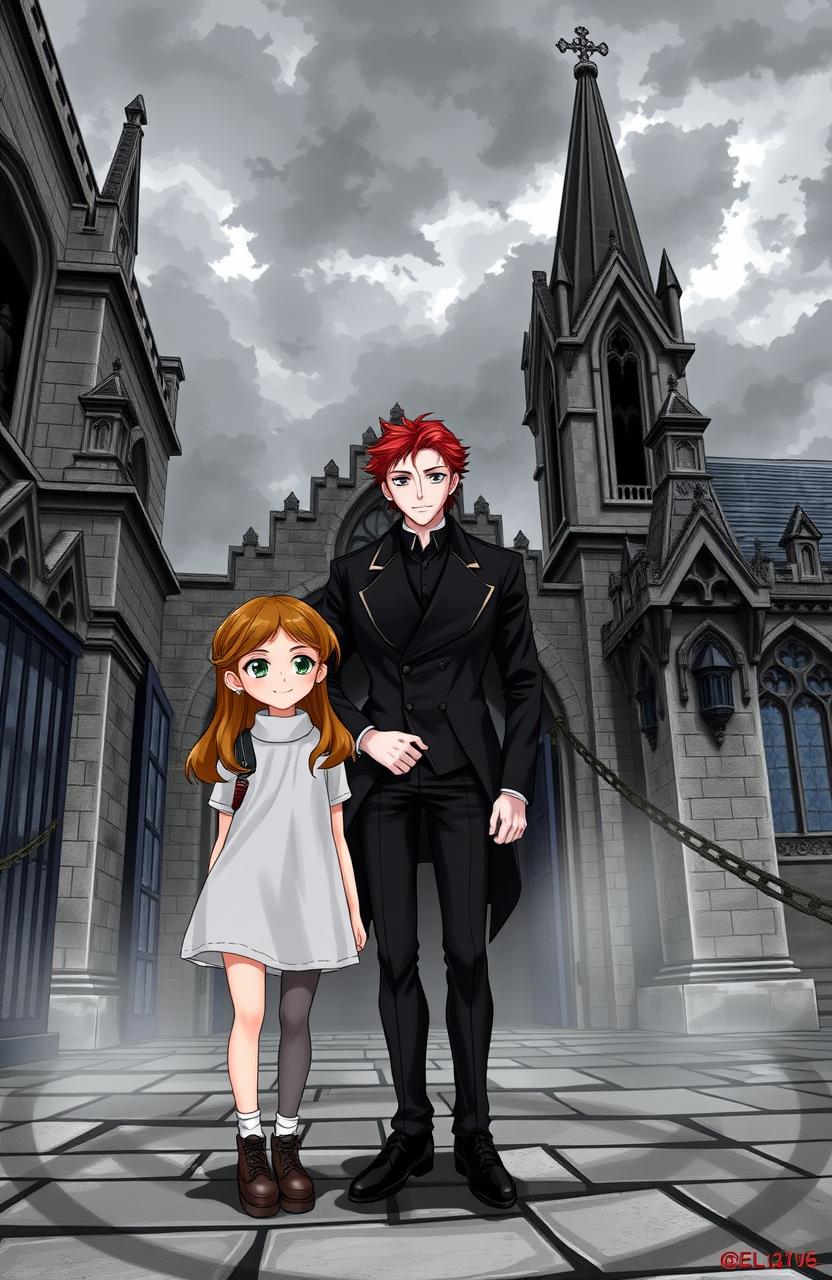 A normal girl standing beside a red-haired vampire man at the entrance of a vampire school